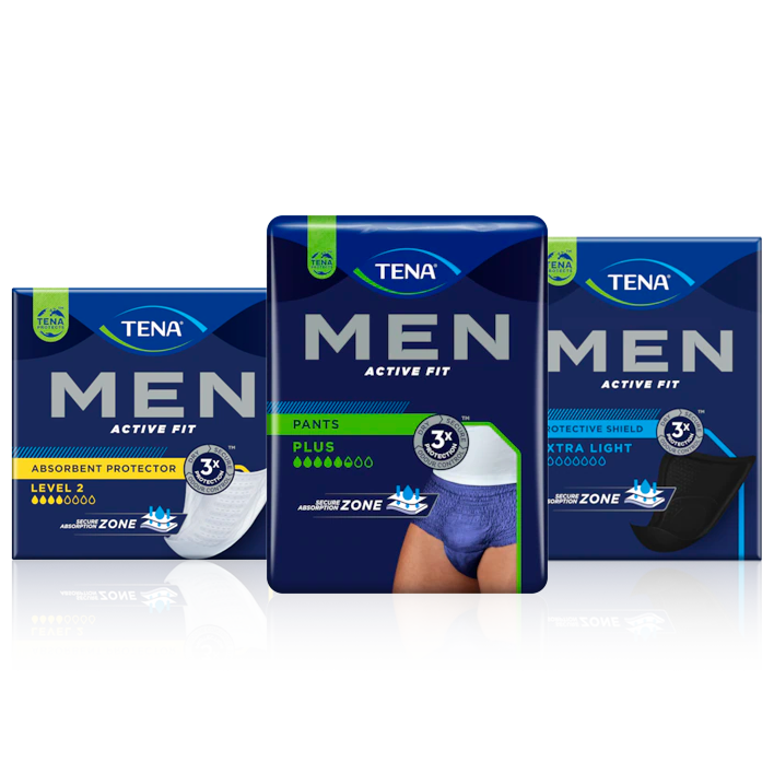 Scudo protettivo TENA Men, mutandine assorbenti TENA Men Active Fit e protezione assorbente TENA Men Livello 2 Scudo protettivo TENA Men, mutandine assorbenti TENA Men Active Fit e protezione assorbente TENA Men Livello 2